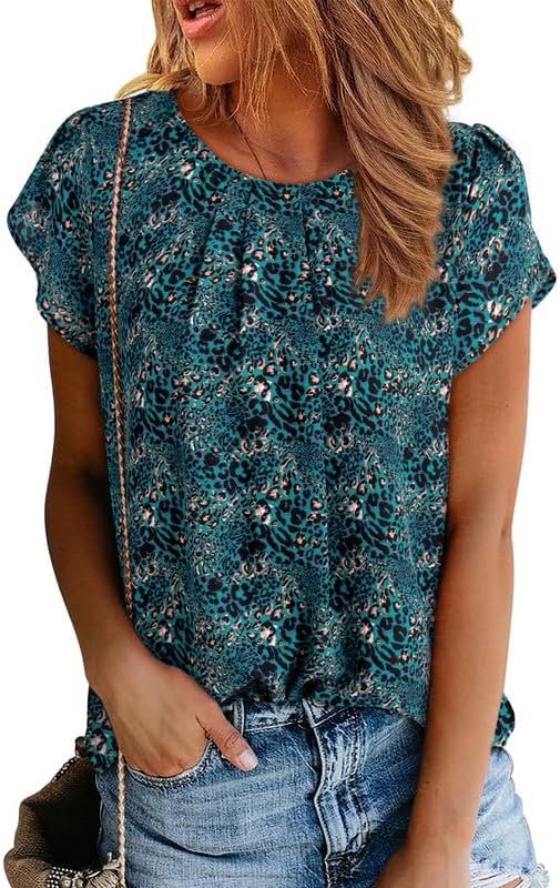 61SknPAlLlL._AC Women's Casual Round Neck Basic Pleated Tops Short Sleeve Loose Fit Curved Keyhole Back Chiffon Blouses Tshirts