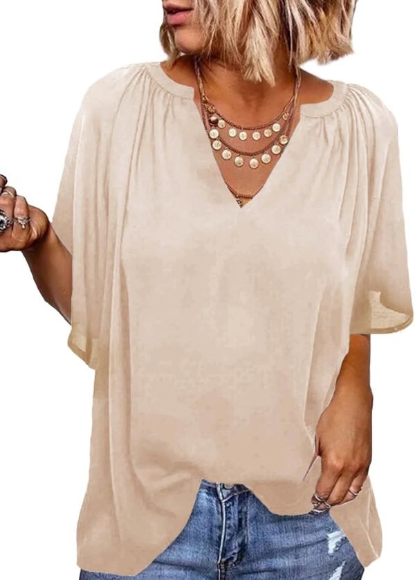 Womens Casual V Neck Loose 3/4 Bell Sleeve Chiffon Blouse Shirt Pleated Flowy Tunic Tops