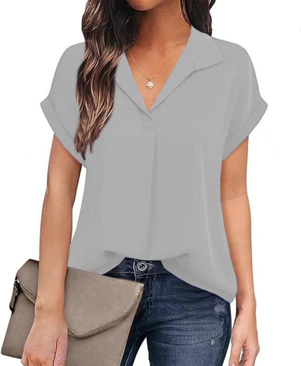 Women's Bat Wing V Neck Short Sleeve Chiffon Blouses for Office Work Business Attire Collared Casual Summer Shirts