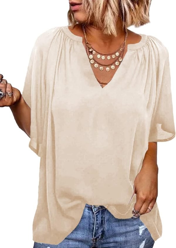 61VQj8INhxL._AC_SL1500 Womens Chiffon Blouses Casual Solid Bell Sleeve Shirt Loose V Neck Pleated Tunic Tops
