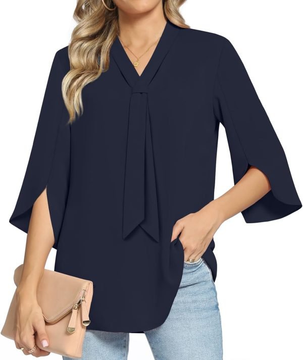 61Vq-QVQqxL._AC_SL1500 Women's Fall Long Sleeve Chiffon Blouse Winter V-Neck Tunic Tops Business Shirt