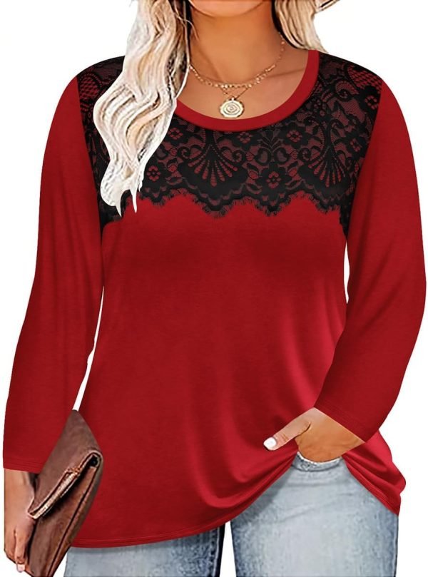 61WgERSVxdL._AC_SL1200 Plus Size Lace Tops for Women Long Sleeve Crewneck Pullover Fall T-shirts Tunics Basic Tees T-Shirts XL-5XL