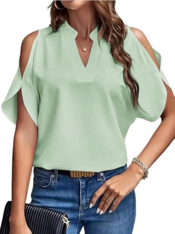61XvSuaTSHL._AC_SL1067 Women's Cold Shoulder Tops Summer Fashion Short Sleeve V Neck Casual Loose Solid Color Blouse Shirts