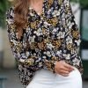 Women's Casual V Neck Easel Floral Print Long Sleeve Blouses Smocked Button Down Shirts Bohemian Top