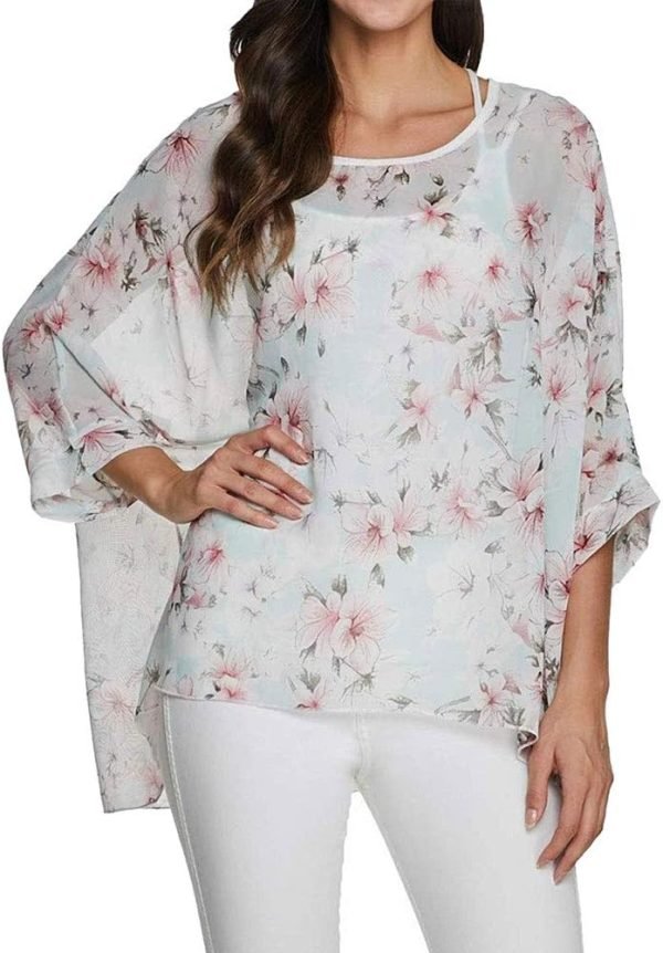 Women Chiffon Blouse Floral Batwing Sleeve Beach Cover Loose Tunic Shirt Tops