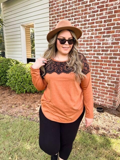 61_SD3w4dEL._AC Plus Size Lace Tops for Women Long Sleeve Crewneck Pullover Fall T-shirts Tunics Basic Tees T-Shirts XL-5XL