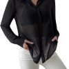 Women's Sheer Mesh Button Up Shirt Long Sleeve See Through Blouse