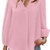 Women's Long Sleeve V Neck Shirt Dressy Pleated Top Casual Loose Chiffon Blouses