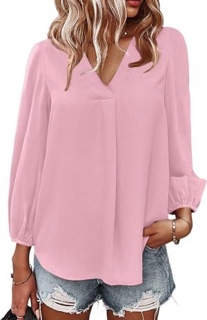 Women's Long Sleeve V Neck Shirt Dressy Pleated Top Casual Loose Chiffon Blouses