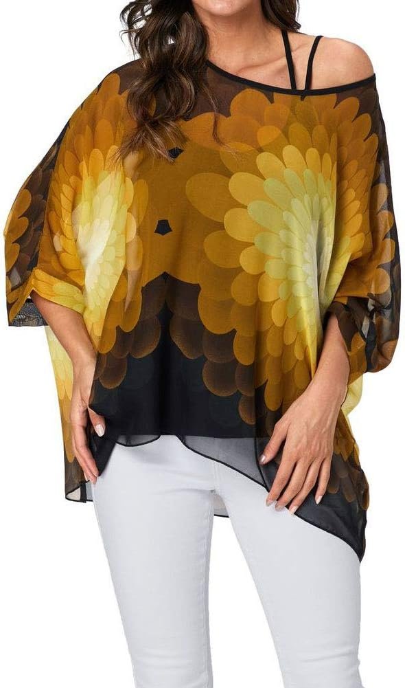Women Chiffon Blouse Floral Batwing Sleeve Beach Cover Loose Tunic Shirt Tops