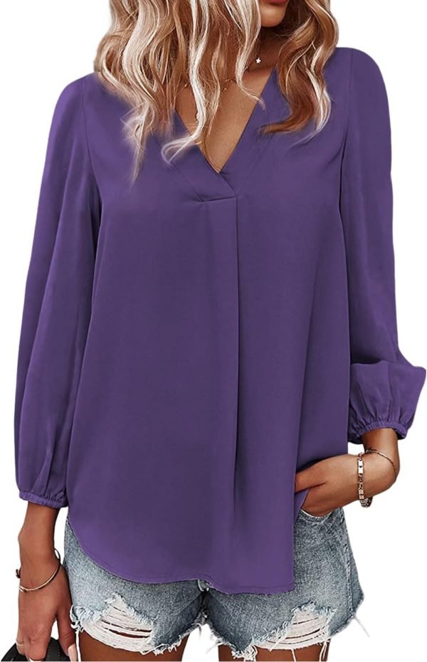Women's Long Sleeve V Neck Shirt Dressy Pleated Top Casual Loose Chiffon Blouses
