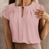 Womens Summer Tops Button Down Crew Neck Short Sleeve Shirts Business Casual Loose Work Chiffon Blouses