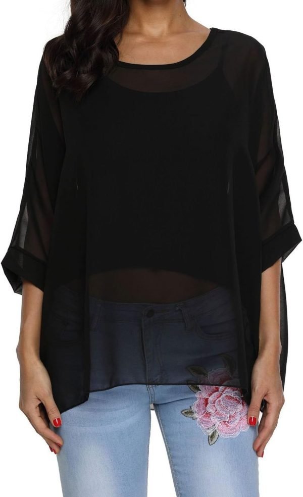 Women Chiffon Blouse Floral Batwing Sleeve Beach Cover Loose Tunic Shirt Tops