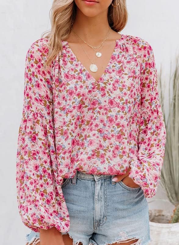 Women's Casual Boho Floral Print V Neck Long Sleeve T Shirt Blouses