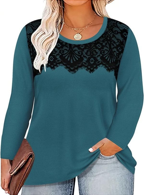 61dO9o3YMWL._AC_SL1200 Plus Size Lace Tops for Women Long Sleeve Crewneck Pullover Fall T-shirts Tunics Basic Tees T-Shirts XL-5XL