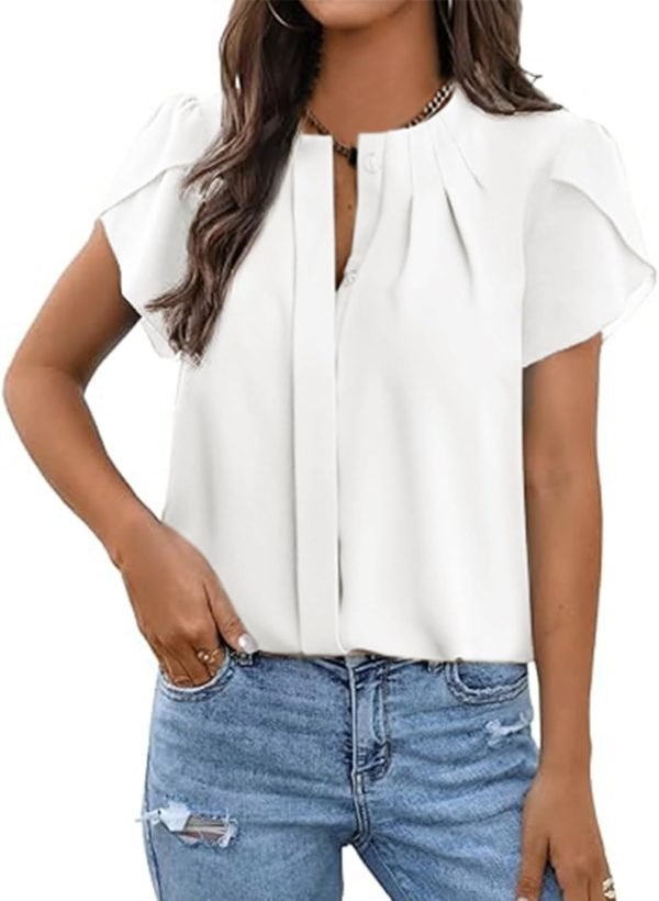 61dgXJ4PuiL._AC_SL1500 Womens Summer Tops Button Down Crew Neck Short Sleeve Shirts Business Casual Loose Work Chiffon Blouses