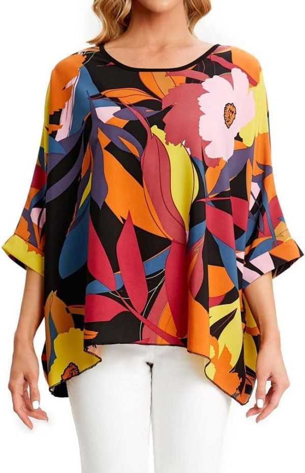 Women Chiffon Blouse Floral Batwing Sleeve Beach Cover Loose Tunic Shirt Tops