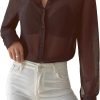Women's Sheer Mesh Button Up Shirt Long Sleeve See Through Blouse