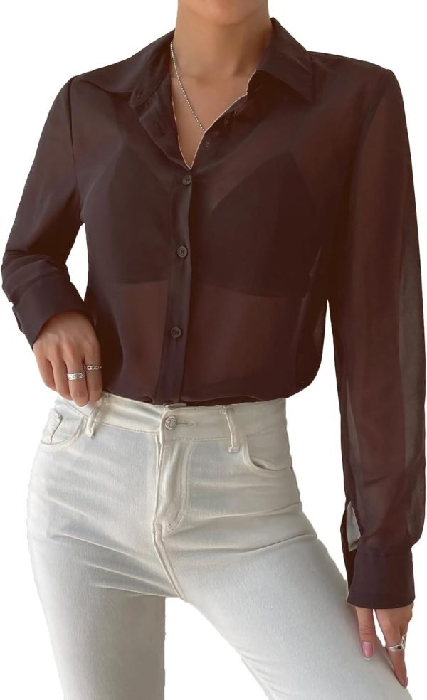 61dkR0rounL._AC_SL1500 Women's Sheer Mesh Button Up Shirt Long Sleeve See Through Blouse