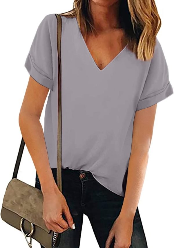 61e3iEq05LL._AC_SL1500 Women V Neck Chiffon Blouse Short Sleeve Summer Casual Loose Shirt Tops