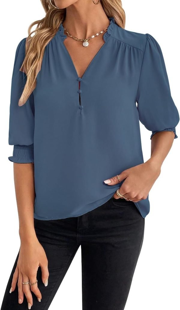 61etQCY6iSL._AC_SL1500 Women's Summer Puff Sleeve Top V Neck Ruffle Button Shirt Pleated Dressy Casual Chiffon Blouses