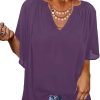 Womens Chiffon Blouses Casual Solid Bell Sleeve Shirt Loose V Neck Pleated Tunic Tops