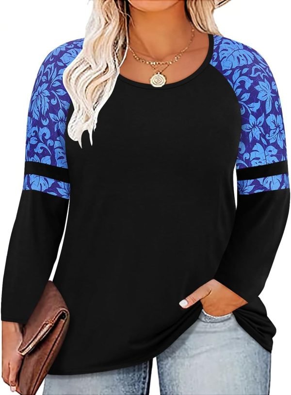 61fPeNwMiUL._AC_SL1200 Plus Size T Shirt for Women Long Sleeve Raglan Tops Tee Shirts Color Block Top Leopard Plaid Print XL-5XL 14W-28W
