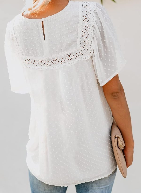 61g18GiRhpS._AC_SL1500 Womens Crewneck Lace Crochet Pom Pom Flowy Short Sleeve Casual Shirts Blouses Tops