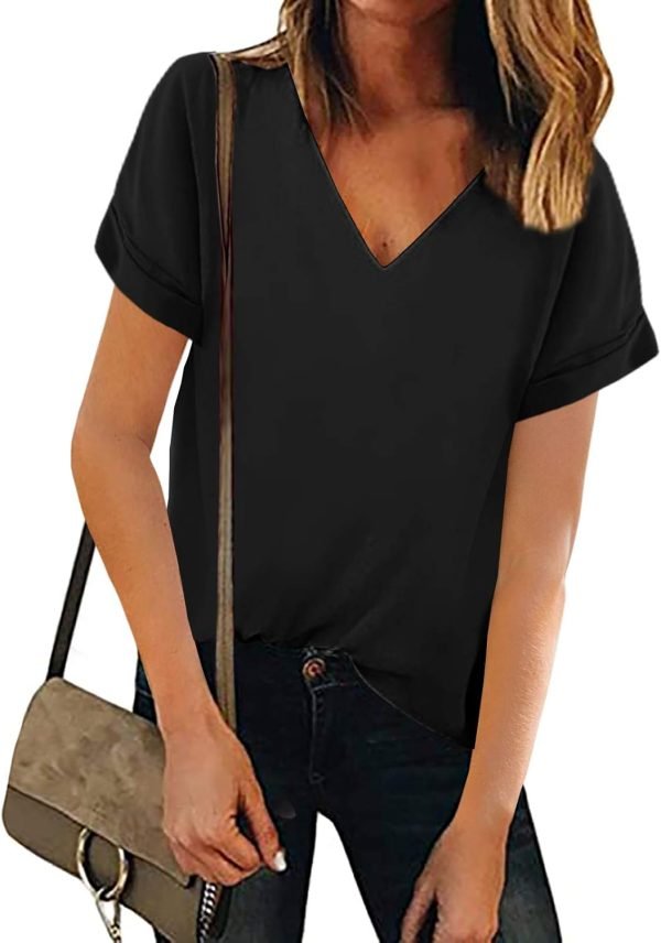 61gffLGkJTL._AC_SL1500 Women V Neck Chiffon Blouse Short Sleeve Summer Casual Loose Shirt Tops
