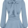 Women's Long Sleeve Peplum Dressy Shirt Office Bow Tie Work Blouses Tops Smocked Waist