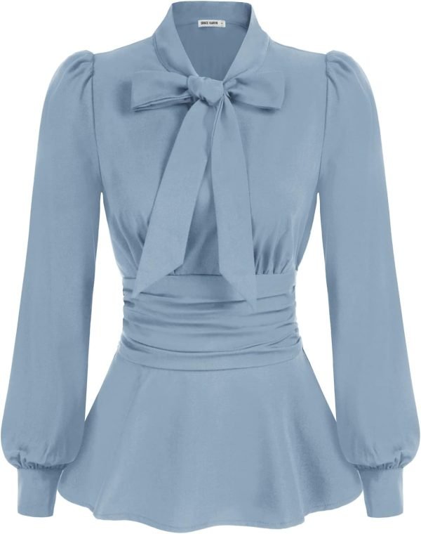 61h77lB8_8L._AC_SL1500 Women's Long Sleeve Peplum Dressy Shirt Office Bow Tie Work Blouses Tops Smocked Waist