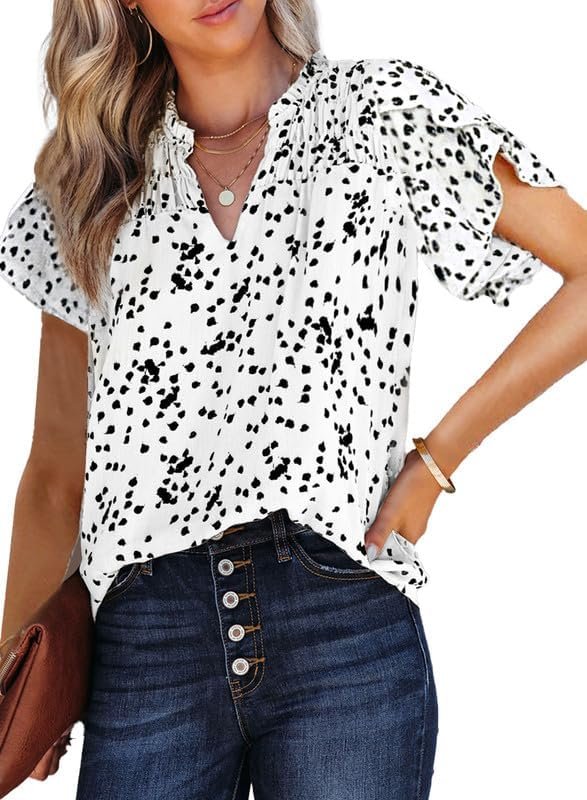 61i-ajYQuPL._AC Women's Casual V Neck Alicia Floral Print Smocked Short Sleeve Chiffon Blouses Bohemian Top Shirts