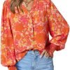 Women's Casual V Neck Easel Floral Print Long Sleeve Blouses Smocked Button Down Shirts Bohemian Top