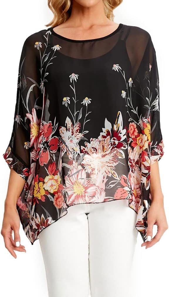 Women Chiffon Blouse Floral Batwing Sleeve Beach Cover Loose Tunic Shirt Tops