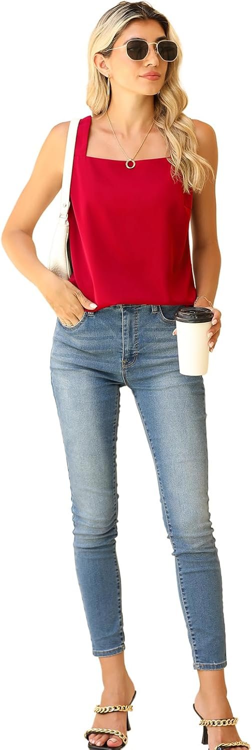 Blouse Tank Tops for Women Casual Summer Square Neck Chiffon Blouse Loose Flowy Sleeveless Tunic Shirts