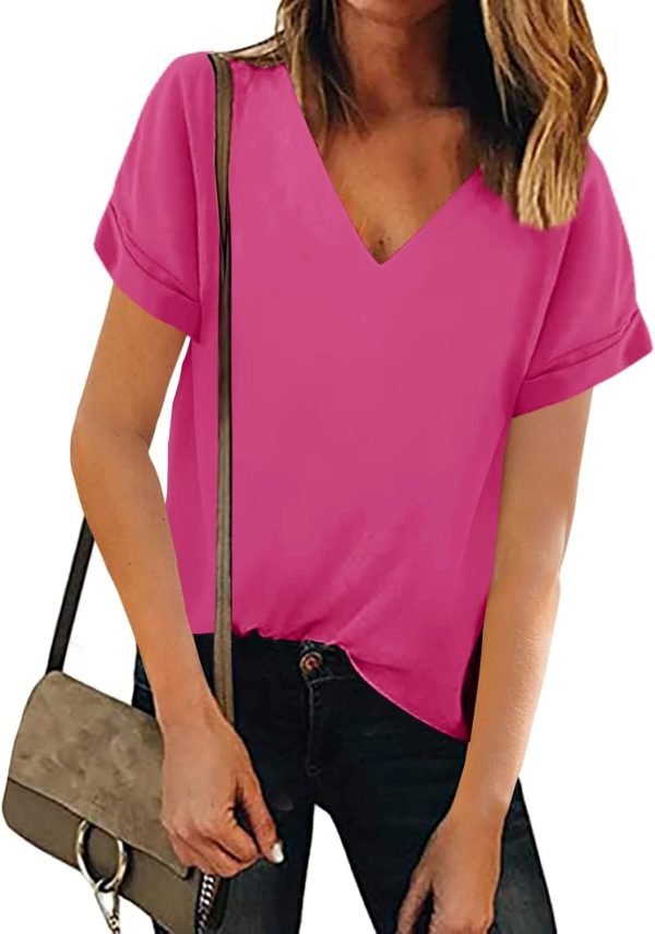 61l6gm_yrkL._AC_SL1500 Women V Neck Chiffon Blouse Short Sleeve Summer Casual Loose Shirt Tops