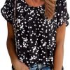 Women's Casual Round Neck Basic Pleated Tops Short Sleeve Loose Fit Curved Keyhole Back Chiffon Blouses Tshirts
