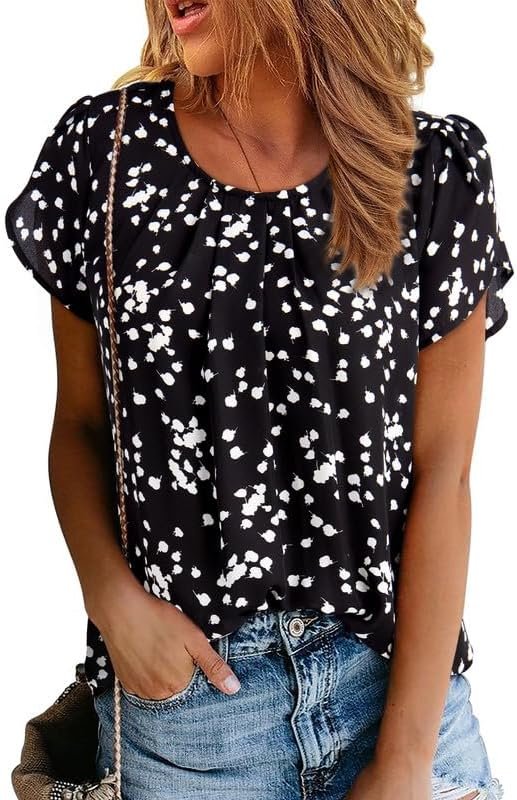 61lOVOUu-jL._AC Women's Casual Round Neck Basic Pleated Tops Short Sleeve Loose Fit Curved Keyhole Back Chiffon Blouses Tshirts