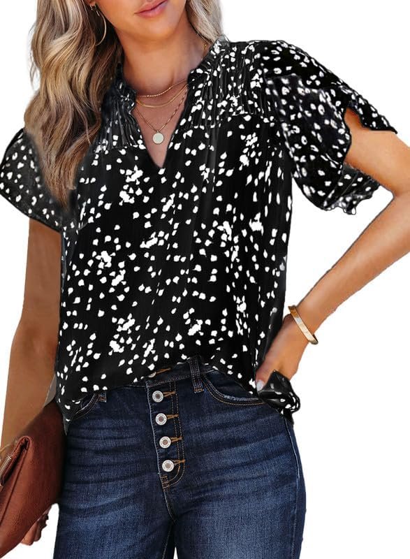 61mDR0S6ZwL._AC Women's Casual V Neck Alicia Floral Print Smocked Short Sleeve Chiffon Blouses Bohemian Top Shirts