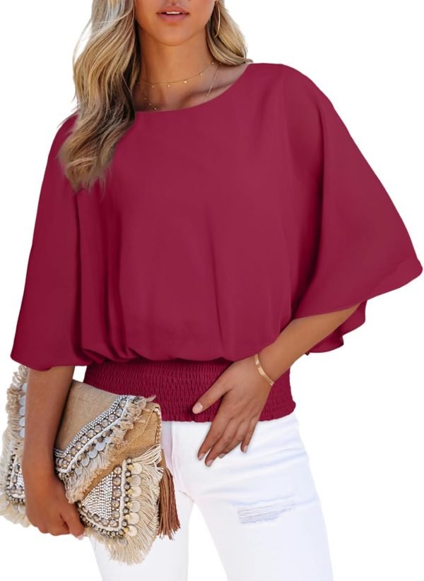 61nH5WGR3WL._AC_SL1500 Womens Solid Short Sleeve Boat Crew Neck Chiffon Blouses 3/4 Sleeve Casual Dressy Shirts Batwing Dolman Top Tunic