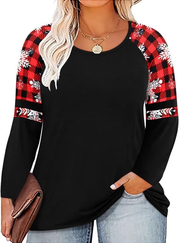 61nuLcrTfmL._AC_SL1200 Plus Size T Shirt for Women Long Sleeve Raglan Tops Tee Shirts Color Block Top Leopard Plaid Print XL-5XL 14W-28W