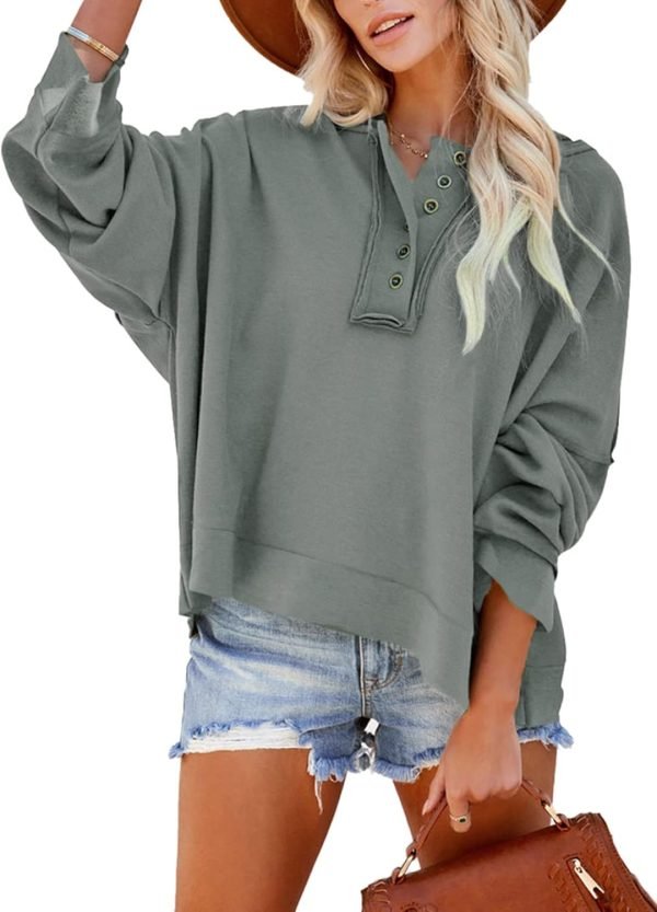 61oByU7R1qL._AC_SL1500 Hoodies for Women 2024 Fashion Fall V Neck Button Down Long Sleeve Hooded Sweatshirts Tops