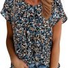 Women's Casual Round Neck Basic Pleated Tops Short Sleeve Loose Fit Curved Keyhole Back Chiffon Blouses Tshirts