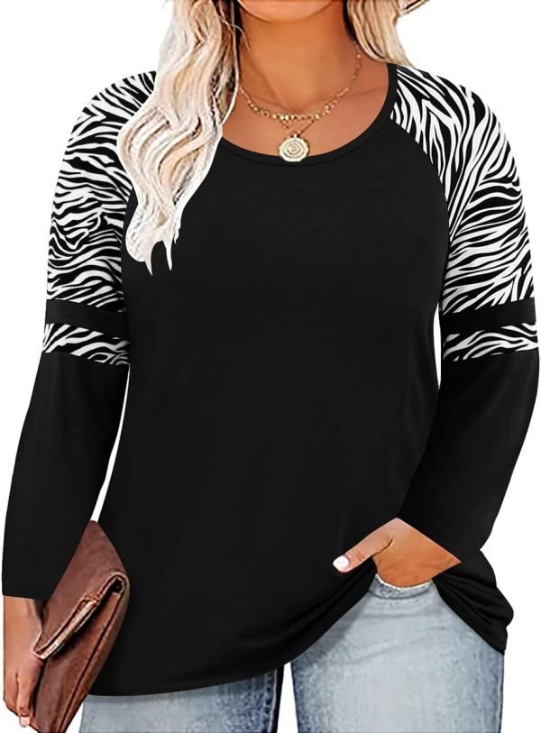 61onoVeLPXL._AC_SL1200 Plus Size T Shirt for Women Long Sleeve Raglan Tops Tee Shirts Color Block Top Leopard Plaid Print XL-5XL 14W-28W