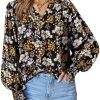 Women's Casual V Neck Easel Floral Print Long Sleeve Blouses Smocked Button Down Shirts Bohemian Top