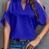 Women's Cold Shoulder Tops Summer Fashion Short Sleeve V Neck Casual Loose Solid Color Blouse Shirts