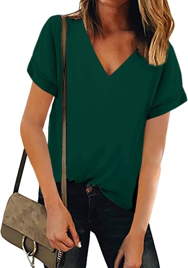 61rRoRdsCxL._AC_SL1500 Women V Neck Chiffon Blouse Short Sleeve Summer Casual Loose Shirt Tops