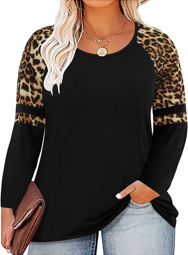 61rrHVeVcbL._AC_SL1200 Plus Size T Shirt for Women Long Sleeve Raglan Tops Tee Shirts Color Block Top Leopard Plaid Print XL-5XL 14W-28W