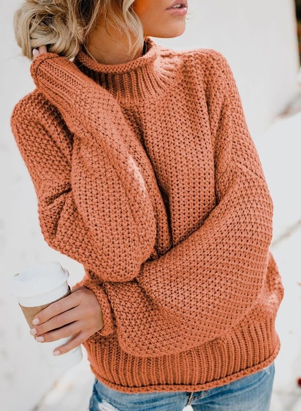 61sVKZvI5XL._AC Womens 2024 Winter Fall Solid Turtleneck High Neck Balloon Long Sleeve Sweaters Pullover Outerwear