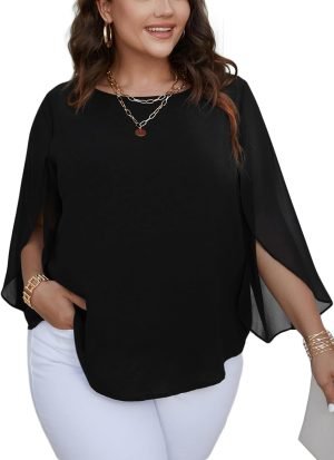 Women Summer Batwing Sleeve Chiffon Tunic Tops Dressy Scoop Neck Casual Loose Flowy Shirts